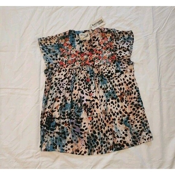 Savanna Jane Embroidered Floral Peasant Top Shirtskeeve Animal Print Boho L - Picture 1 of 5